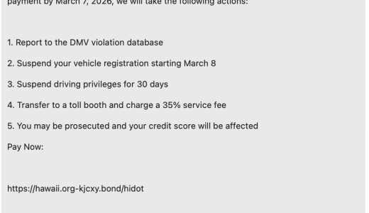 詐欺のテキストに要注意！：State of Hawaii Department of Vehicles (DMV) Final Notice